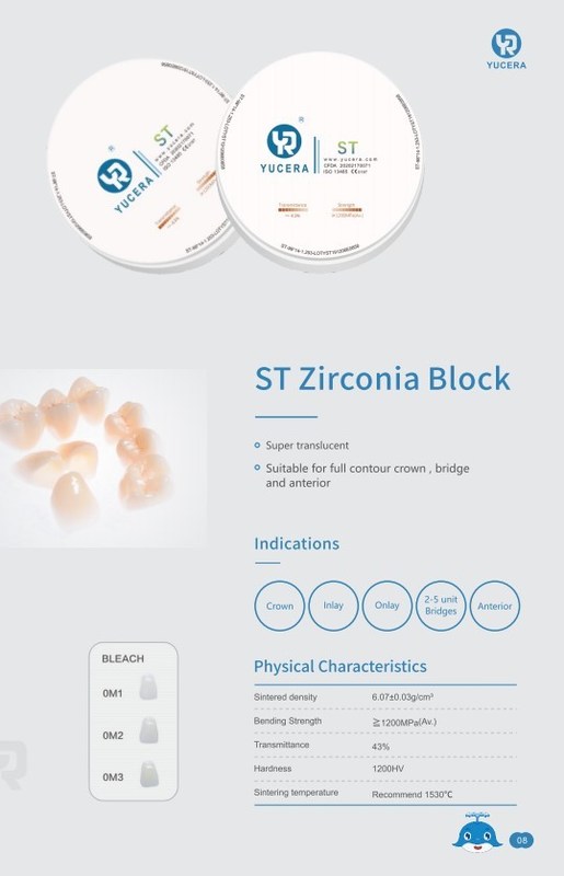 Yucera CE Approved Dental Materials ST White Zirconia Ceramic Block Zirconio Dental Zirconias Blocked
