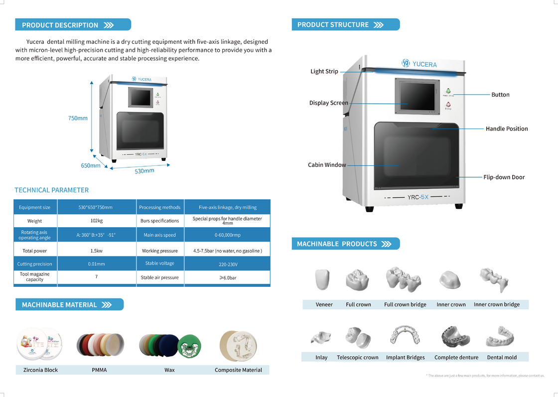 Yucera Yeni Çıkan Evrensel Cam Kuru Laboratuvar Ekipmanı 5 Eksenli Zirkonya Ekipmanları Diş Freze Makinesi
